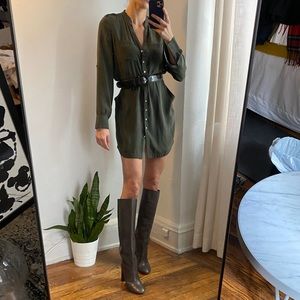 Anthropologie army green silk shirt dress